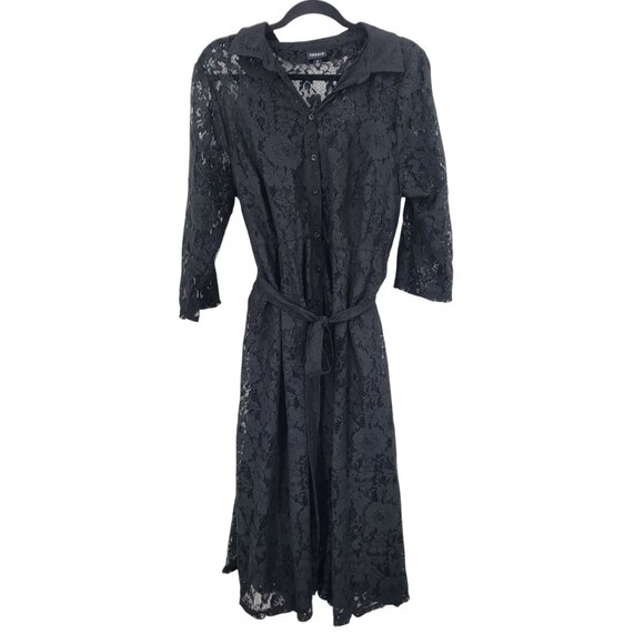Torrid Womens Maxi Lace Shirt Dress Sz 1 Black Button Down Belted Cocktail Party - Picture 1 of 12